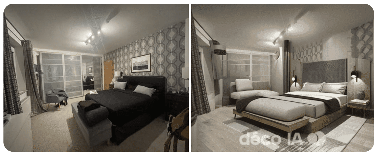 Projet aménagement de chambre par une intelligence artificielle Avant/après chambre adulte généré par une intelligence artificielle