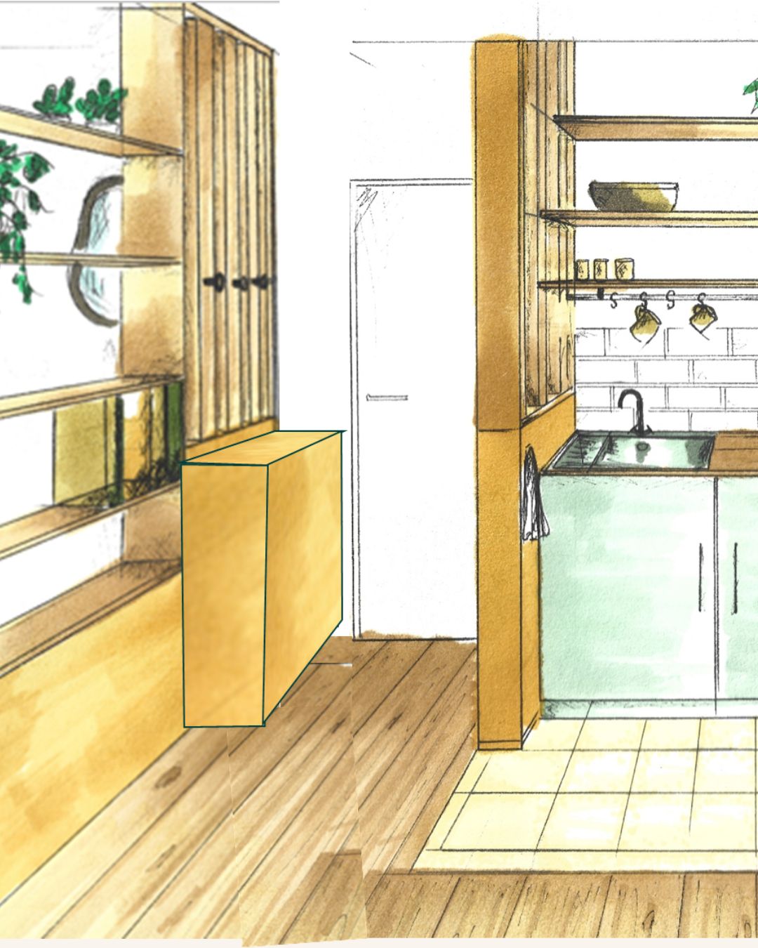 perspective-verticale-cuisine Perspective de la cuisine du studio étudiant