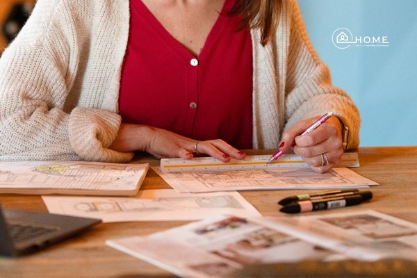 Élève architecte d'intérieur travaillant sur un vrai projet client dans le cadre de sa formation.