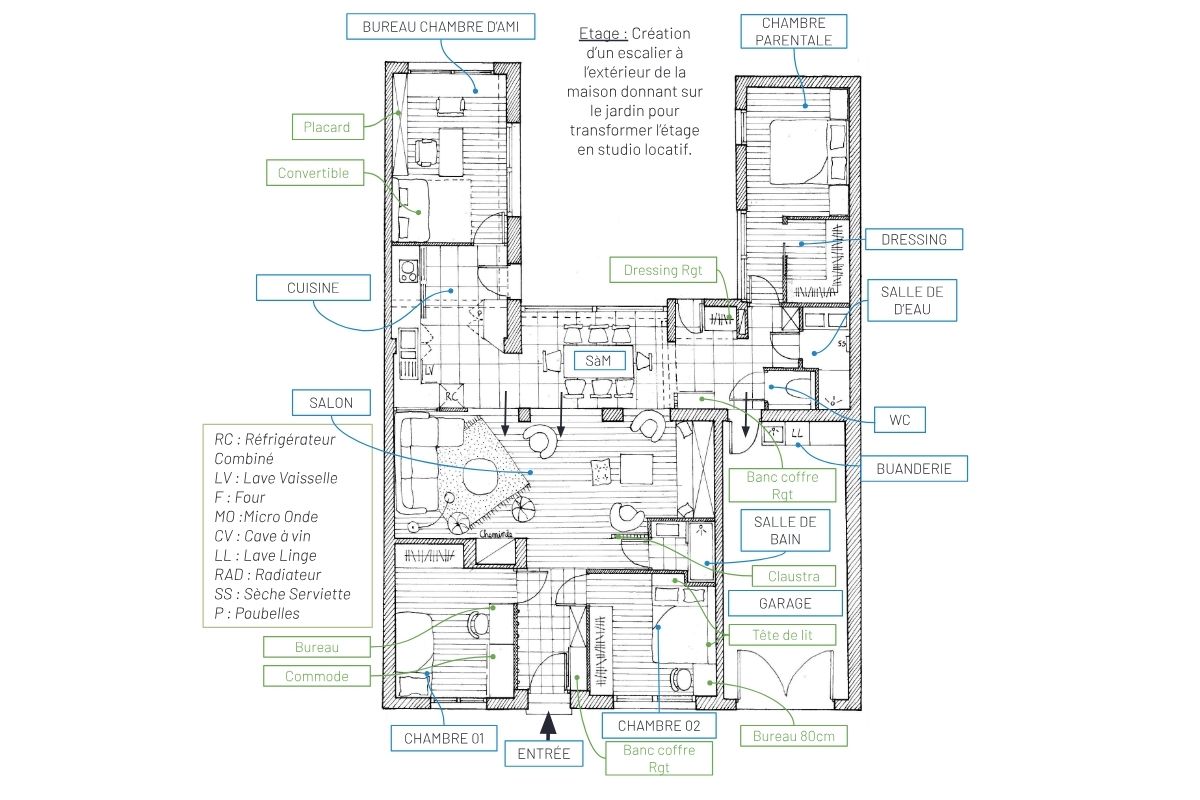 rénovation maison en U plan APS 3 bis